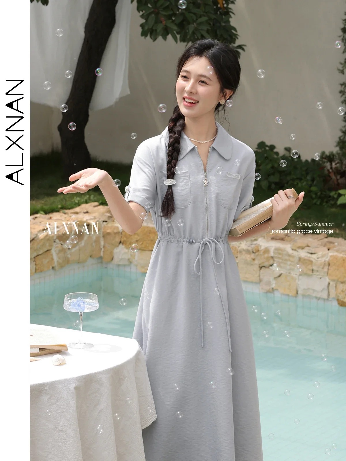 ALXNAN Plus Size Dress 2025 Summer Light Blue Lapel Women's Shirt Dress Long A-line Elegant Office Short Sleeve Clothing D10188