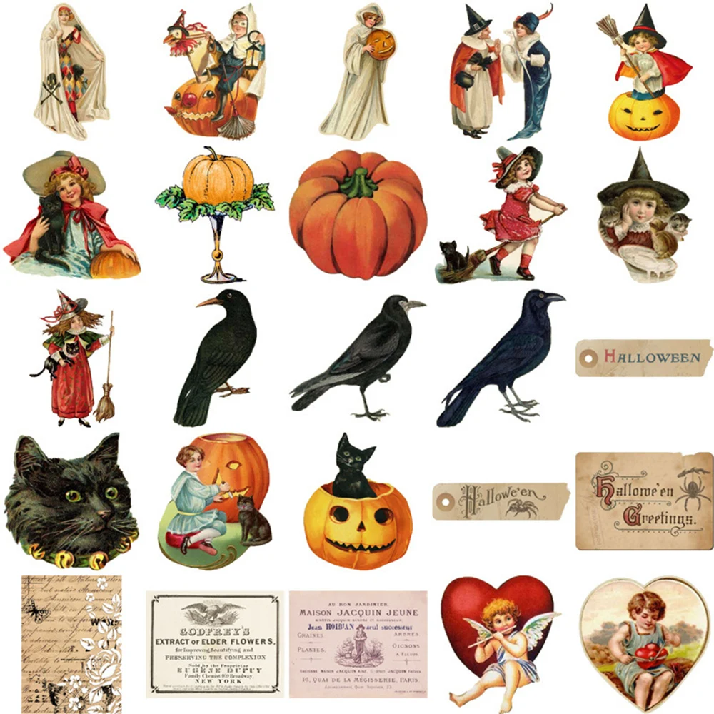 10/30/50pcs Vintage Kawaii Witch Halloween Stickers Pumpkin Cartoon Sticker Window Luggage Bike Laptop Toys Decals Decorative