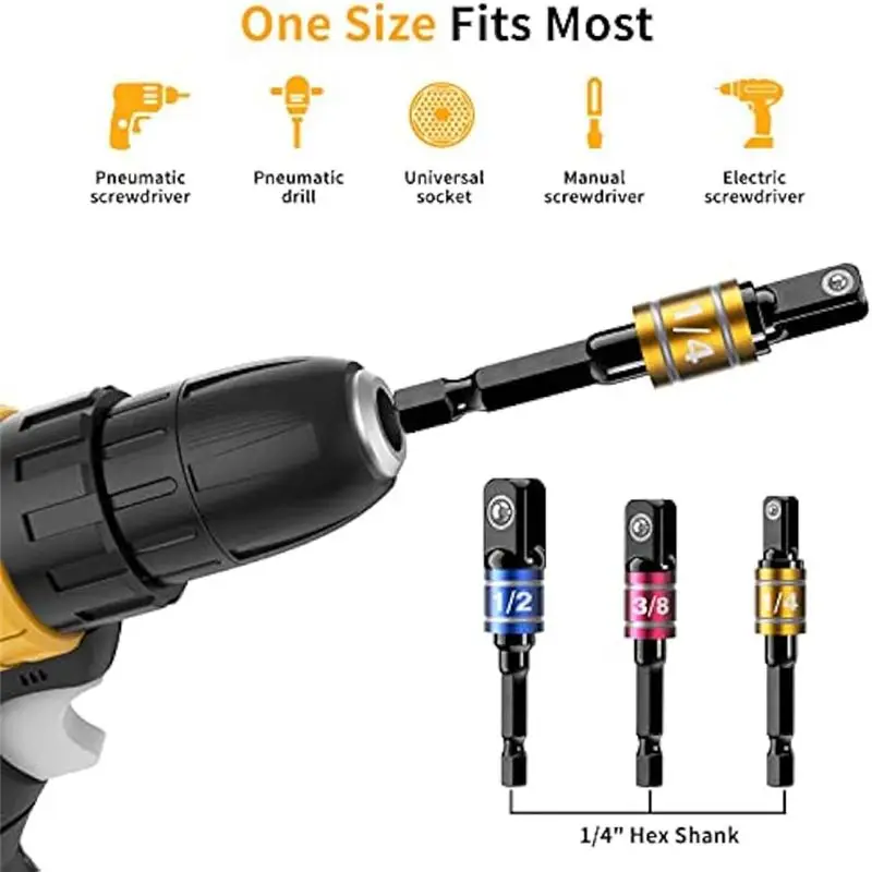 CMHI-1/4 Hex-Shank Bit Holder Keychain Gadgets,3Pc 1/4In 3/8In 1/2In Drill Socket Adapter+105° Right Angle Drill Attachment
