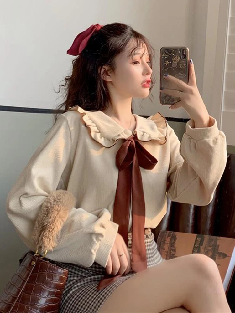 Zoki Sweet Bow Women Corduroy Shirt Vintage Peter Pan Collar Casual Blouse Korean Preppy Style Long Sleeve Spring Elegant Tops