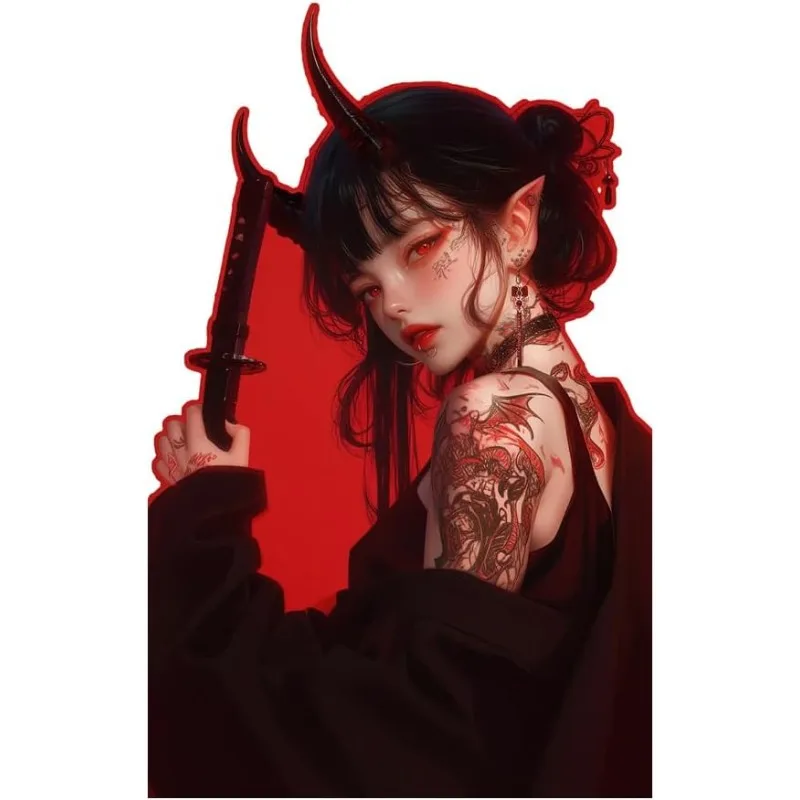 Devil Horn Tattoo Samurai Girl Vinyl Sticker B, Scratch Resistant Decal for Car Rear Window Decor