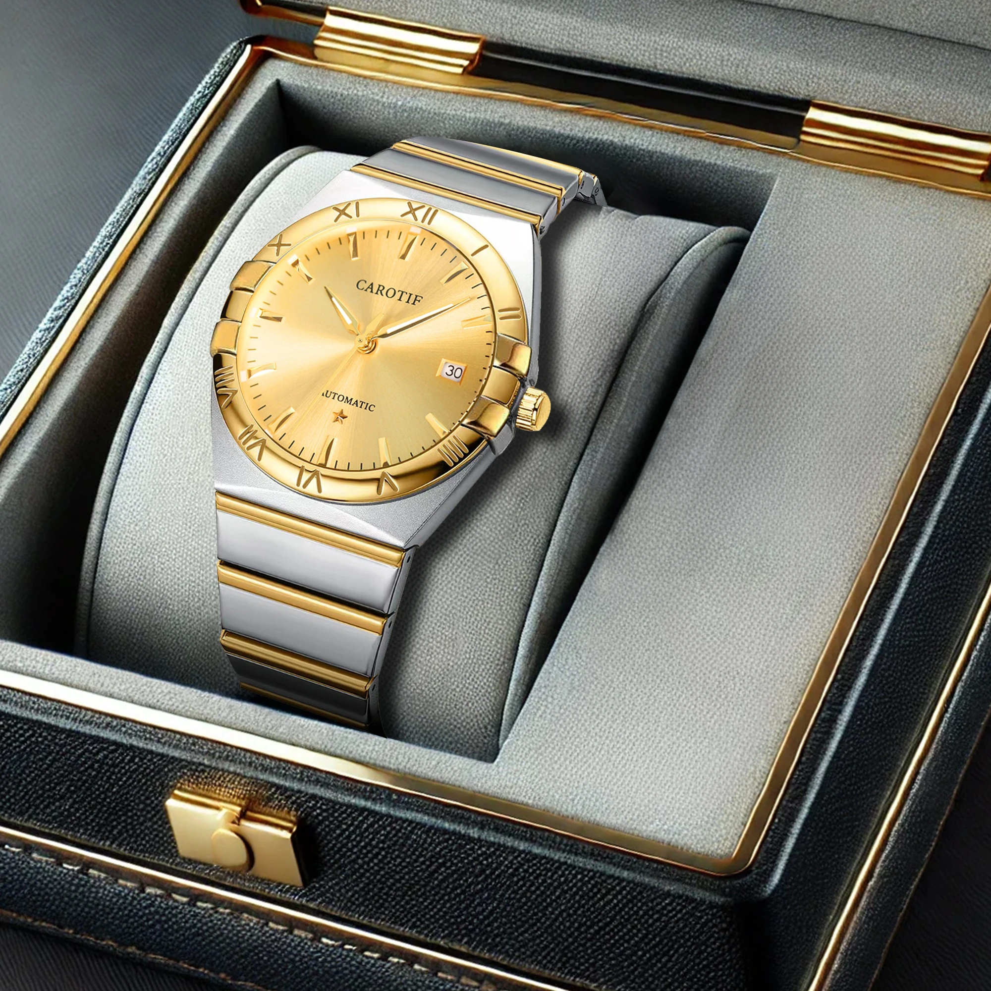 

Мужская комната, золотая стальная полоса, светящийся календарь, полый турбийон, модный деловой стиль, полностью автоматические механические часы