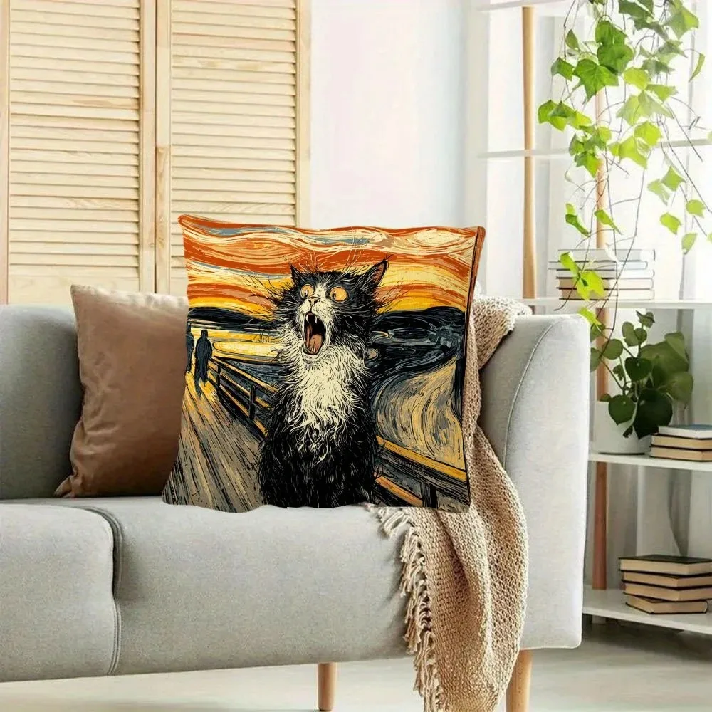 

Famous Art Painting Cat 2D Flat Printed Peach Skin Pillowcase Funny Screaming Cat Sofa Cushion Cover Living Room Home Decor