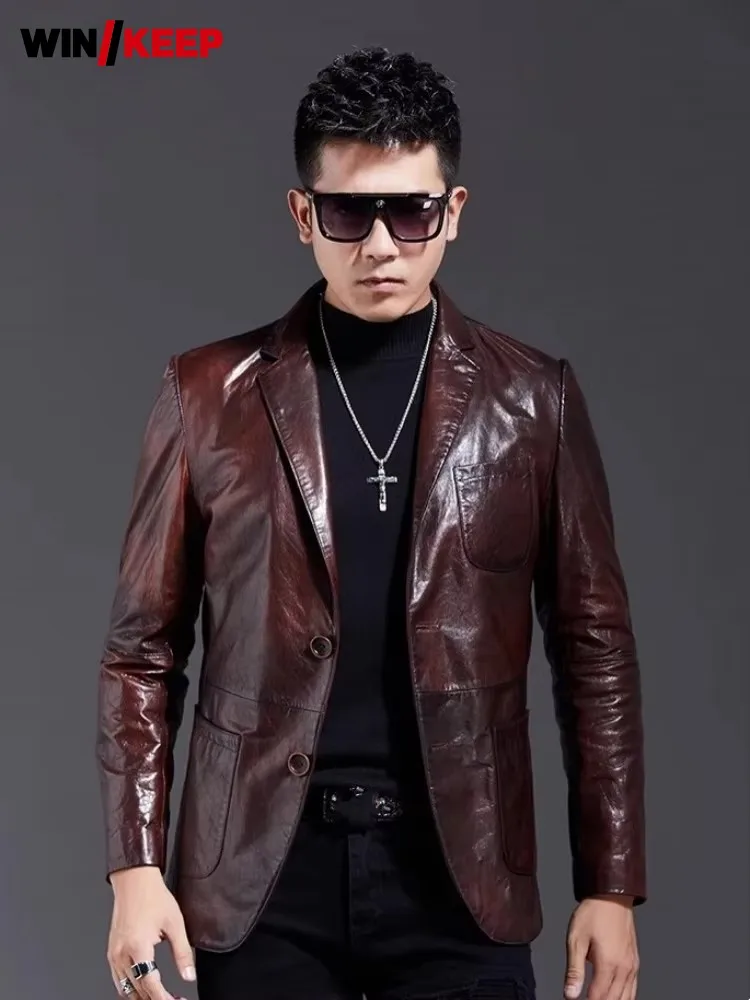 

Vintage Oil Wax Sheepskin Suit Jacket Men Single Breasted New Designer Punk Genuine Leather Coat Business Casual Mens Outerwear