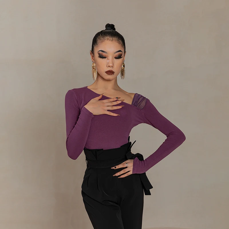 Haut de danse latine à manches longues violet, chemise professionnelle Sexy, vêtement d'entraînement pour la danse latine, vêtement pour la pratique du Tango et de la Salsa, DWY8387