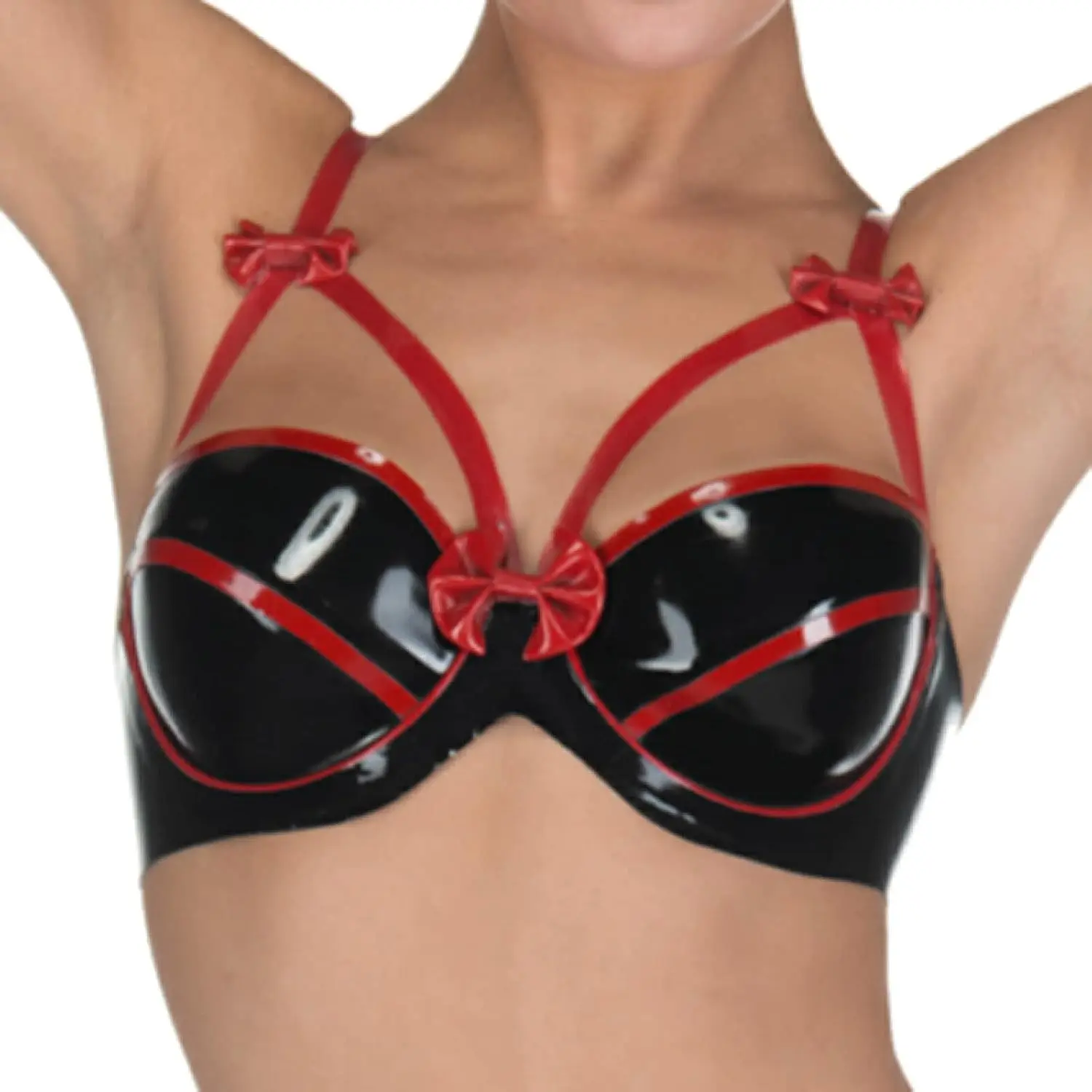 

MCWJ Latex Bra with Trims Buttons At Back Bows Decoration Rubber Lingerie Brassieres