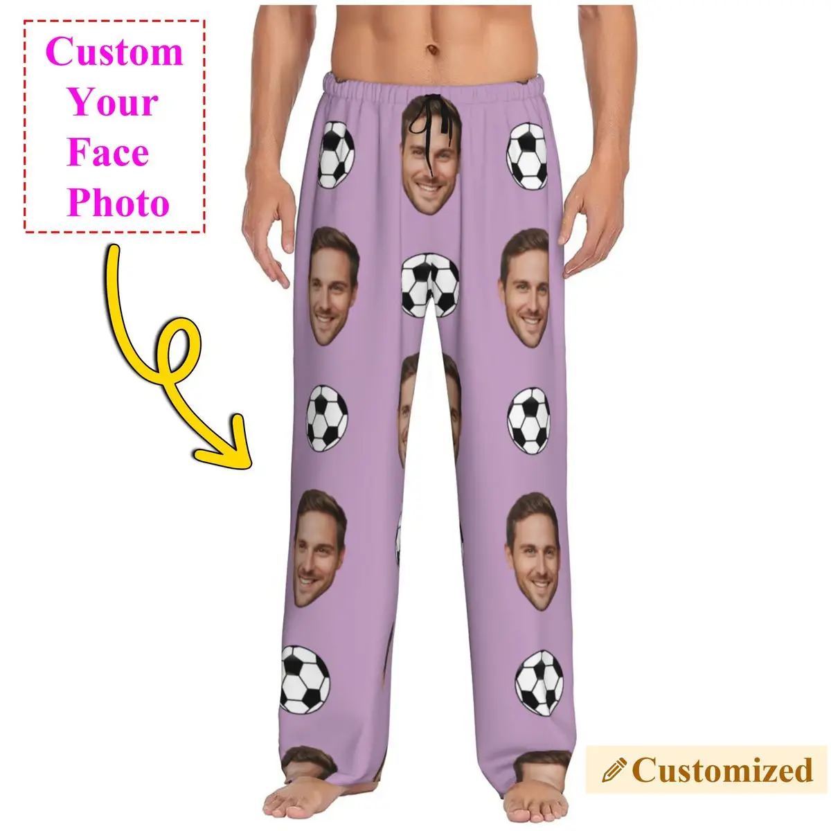

Soccer Football Face Custom Pajama Pants Men Funny Photo Personalized Design Sleep Sleepwear Bottoms with Pockets