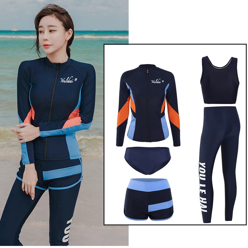 Men's 3pcs/set Rash Guards Long Sleeve Sunsuit Swim Shirt+Tights+Trunks Front Zip  Water Sports Swim Surfing Suits Full Body