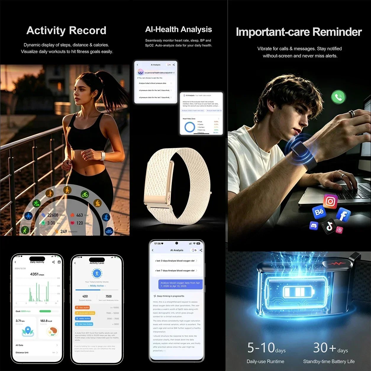 ECG Smart Bracelet Health Monitor Heart Rate Blood Pressure Fitness Tracker Waterproof Long Battery Life No Screen Smartwatch