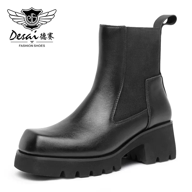 DESAI Thick Bottom Heel Chelsea Women Boots Shoes Ankle Spring Female Casual Shoes For Women Genuine Full Grain Cow Leather