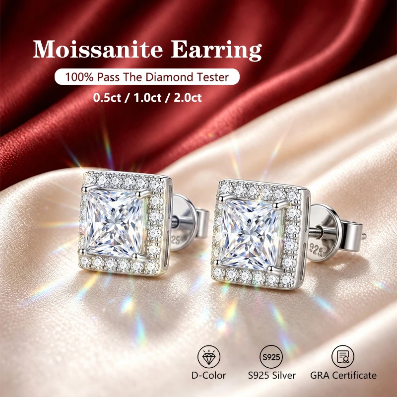 0.5~2.0ct Princess Moissanite Earrings 925 Silver with GRA Certificate Fashionable Wedding Jewelry Bridal Anniversary Gift