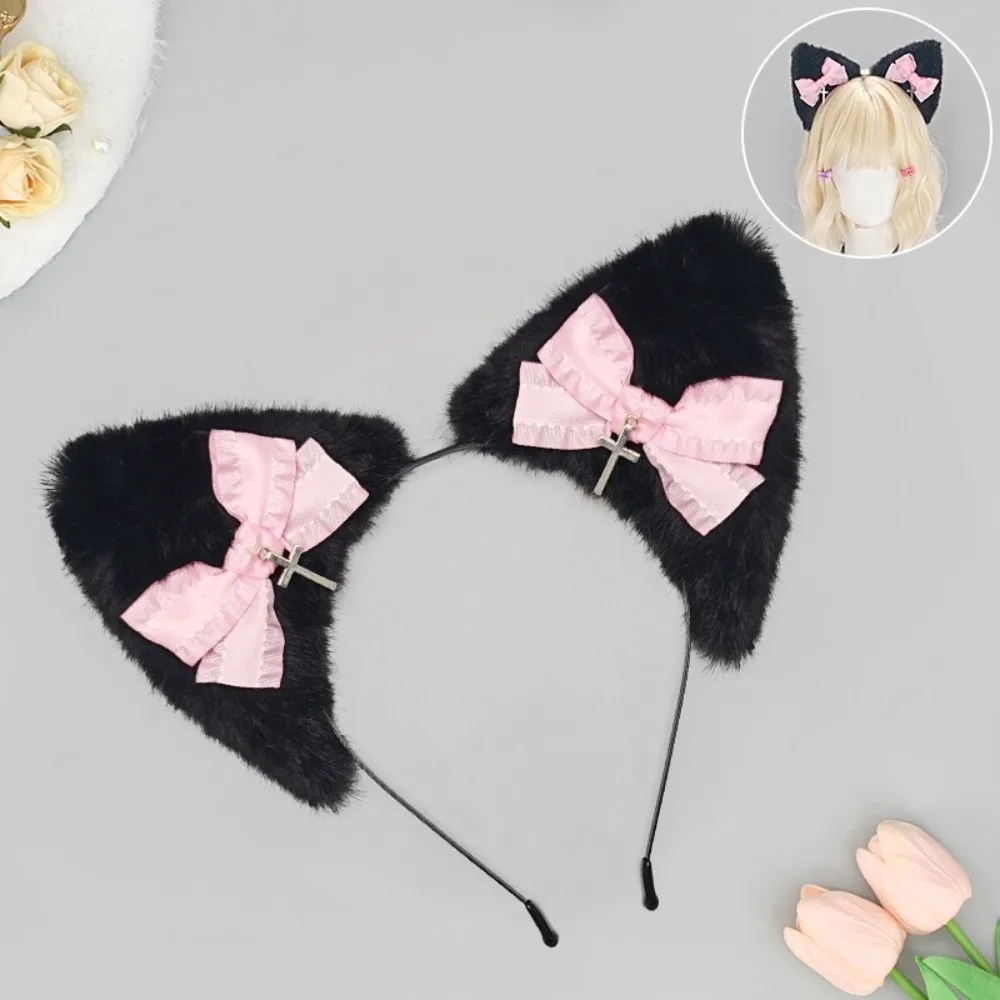 New Cross Cat Ear Headband Bowknot Handmade Lolita Headwear Furry Hair Band Party Props