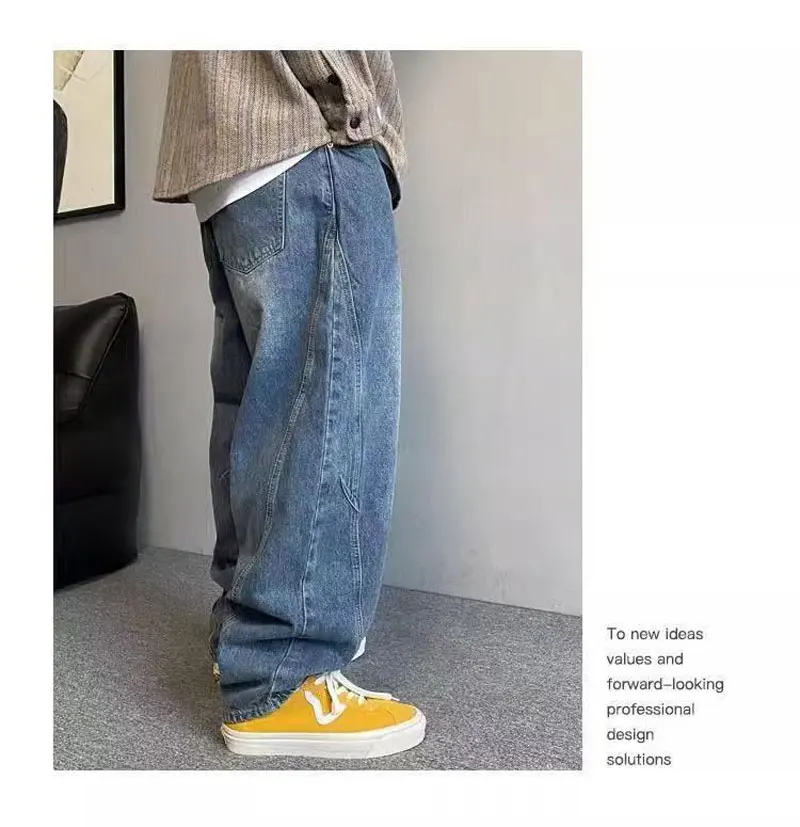 بنطلون جينز رجالي كبير الحجم كاجوال فضفاض مستقيم مدبب من قماش الدنيم ثقيل مغسول وواسع الساق مقاس كبير (50-150 كجم)