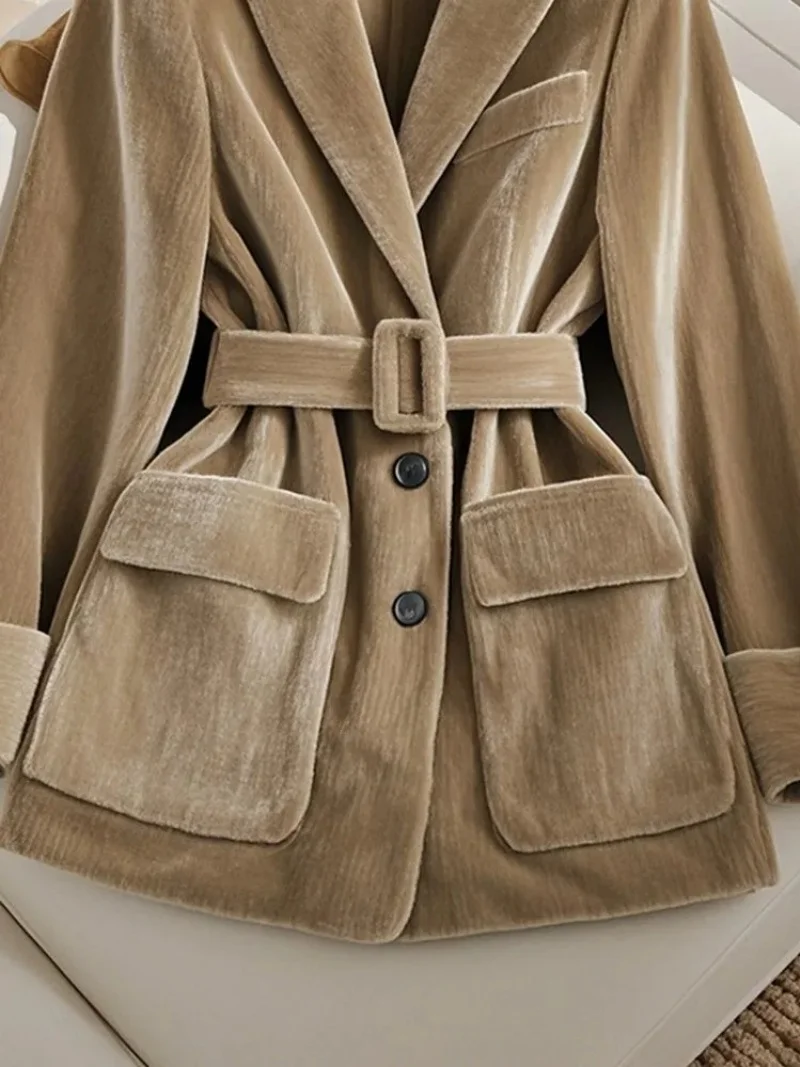 카키 트렌디 벨벳 블레이저 여성용 겨울 두꺼운 긴 소매 라펠 재킷 스타일리시 다용도 아우터웨어 벨트 포함 2025