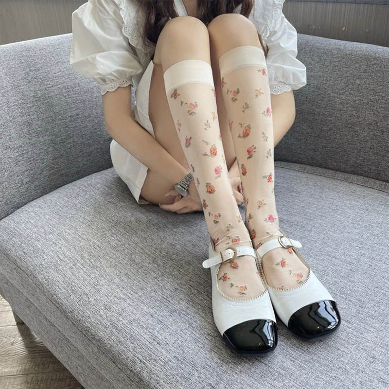 Women Lolita Thin Silky Pantyhose French Style Vintage Sweet Colorful Floral Printed Tights Stockings Cosplay Semi Sheer Knee Hi