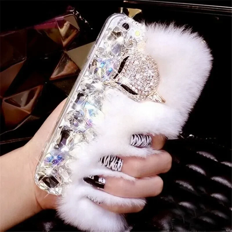 Luxury Big Rhinestone diamond Real rabbit fur hard cover case For iphone15 14 mAX 11 12 13 pro max XS MAX XR 16 Plus bling Case