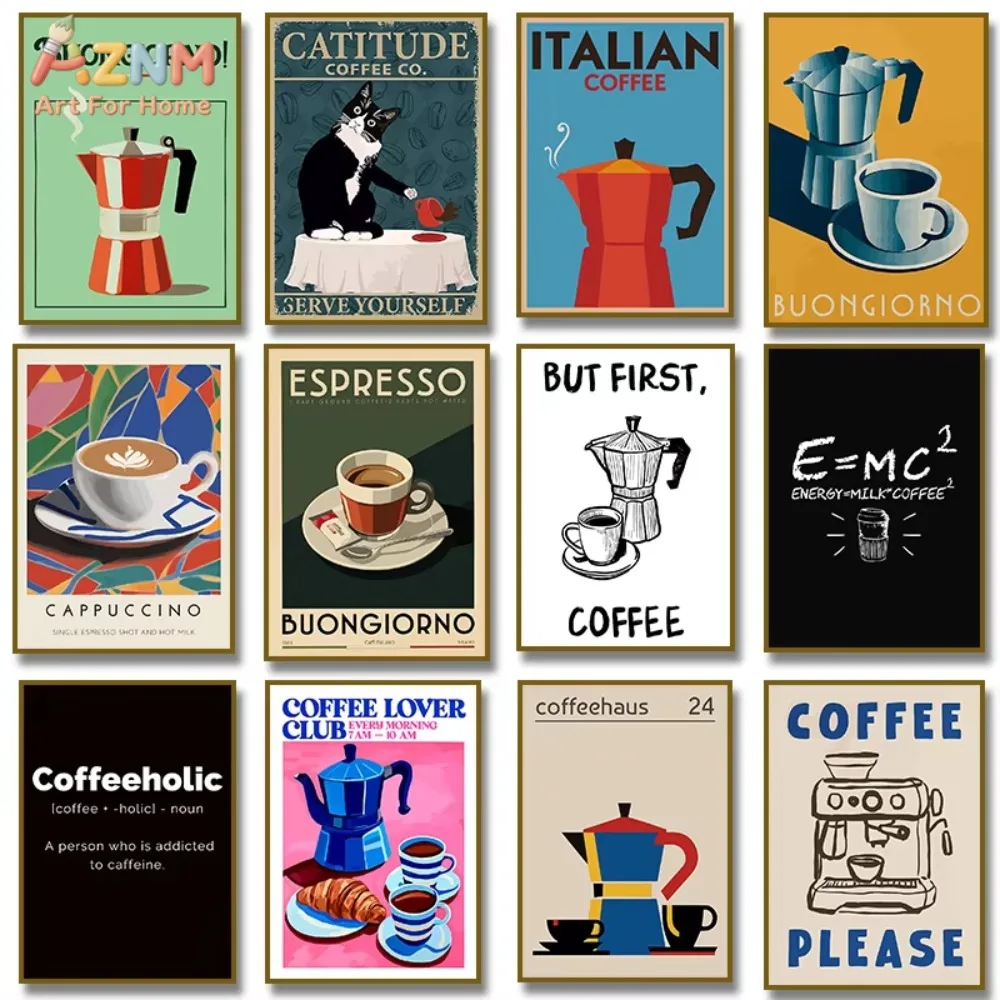 1pc Vintage Coffee Time Coffee Pot Espresso Coffee Bean Poster Canvas Painting Wall Picture for Cafe Bar Kitchen Home Decor