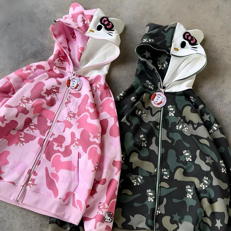 

Hello Kitty Zip Hoodie Loose Cardigan Coat Streetwear Women Clothes Oversized Sweatshirt Cardigan Pure Cotton Camouflage Jacket