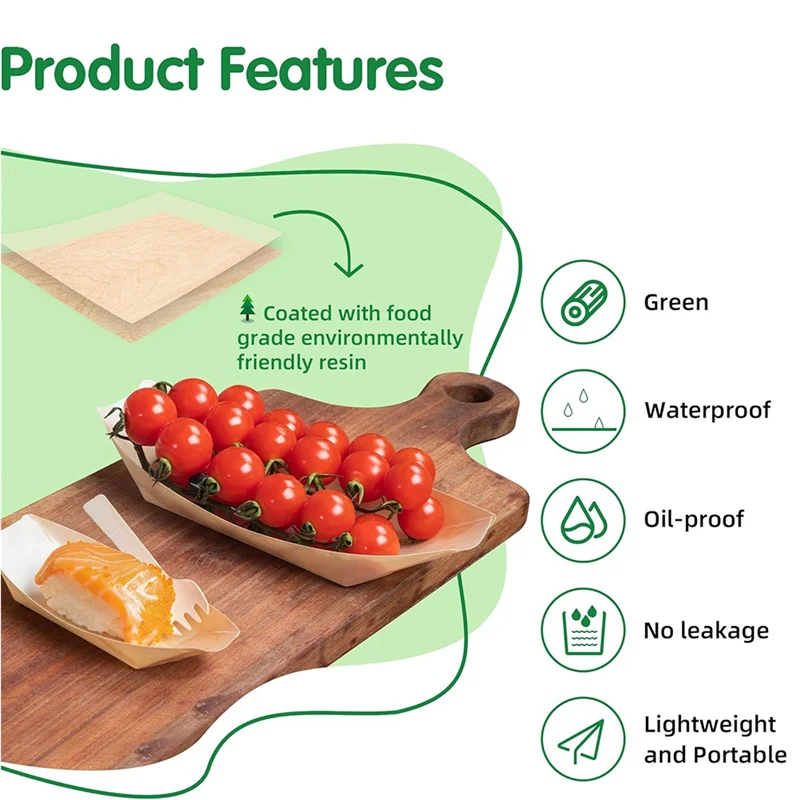 【People Favorite】100 Set Wooden Disposable Food Boats Dessert Plates Food Trays Boat Plates Disposable Plates