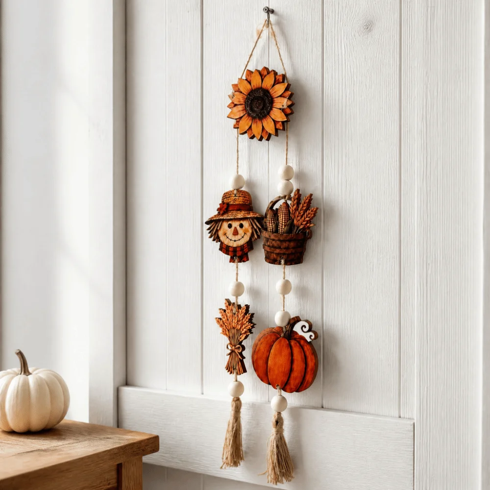 Pumpkin Fall Harvest Wooden Wall Hanging 2D Flat Print Rustic Style Scarecrow Sunflower Ornament Corn Basket Handcrafted