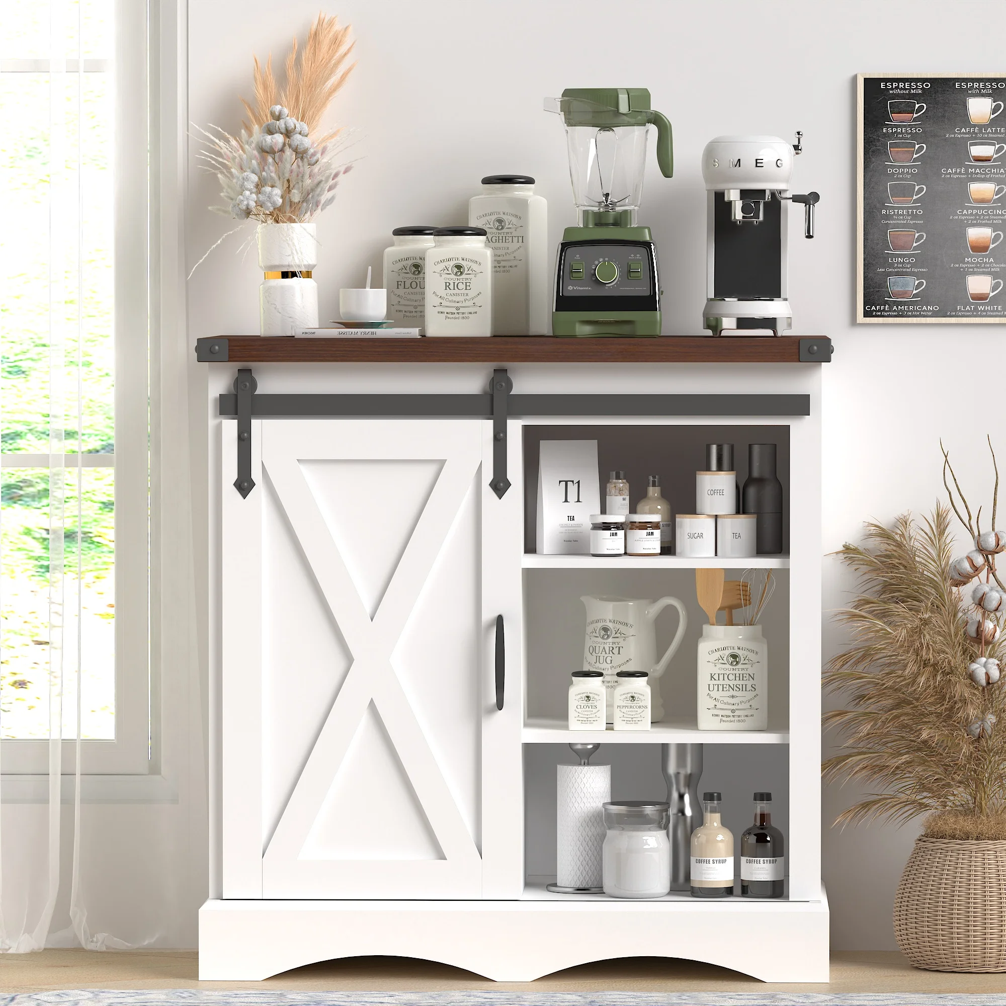 

Farmhouse Sideboard Buffet Cabinet with Storage White Farmhouse Wine Bar Cabinet W/Sliding Barn Door 31.5" Wood Coffee Bar