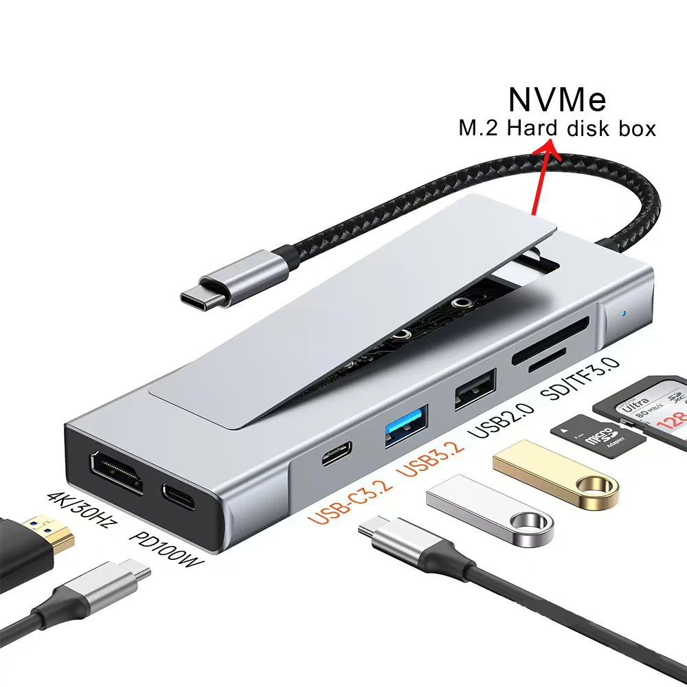 8-in-1 USB C Hub with M.2 NVMe/SATA SSD Enclosure with 4K HDMI,USB C,USB 3.2,USB 2.0,TF/Micro SD Card Slots,100W PD Compatible