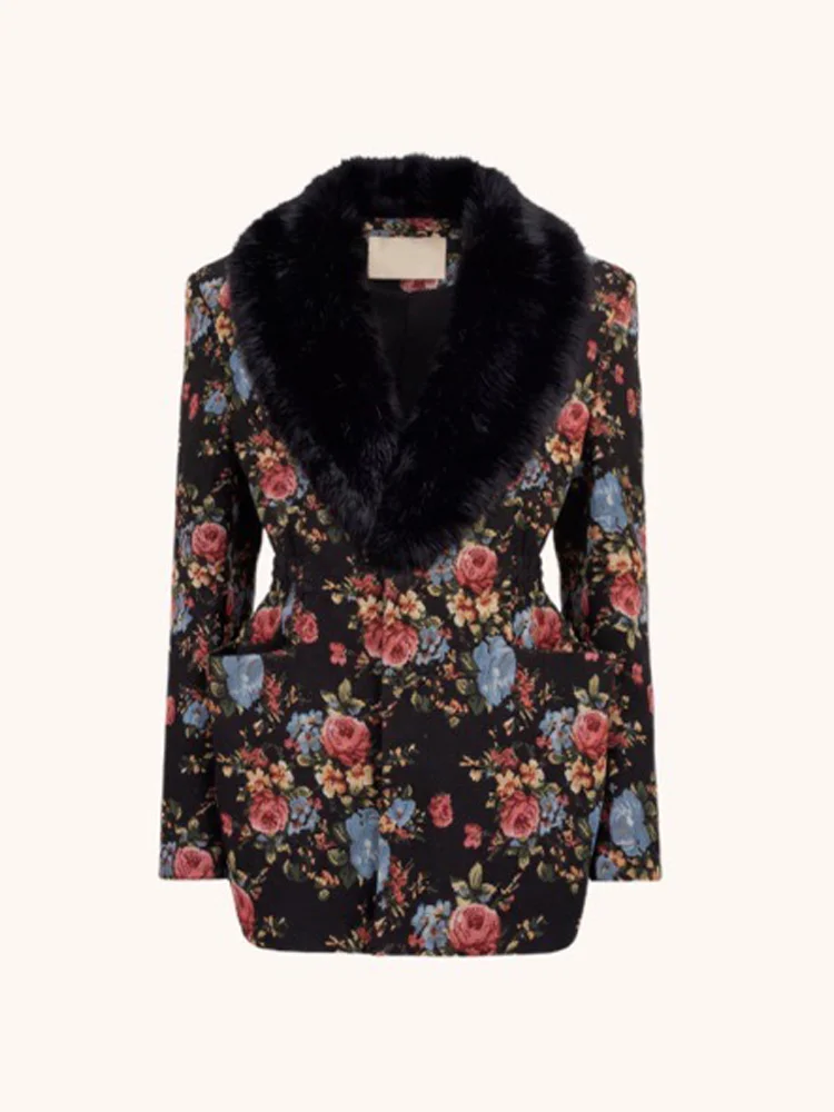 New Floral Print Blazer Faux Fur Collar Long Sleeve Slim Fit Jacket 2026 Fall Winter Vintage Elegant Party Outerwear Streetwear