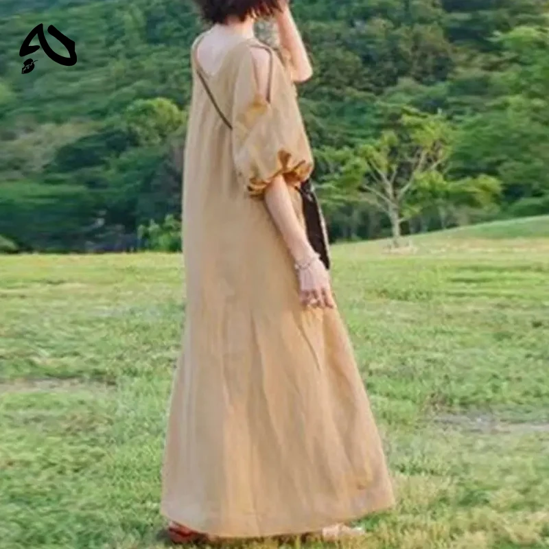 

Original Women's Summer Sundress Half Sleeve Soild Cotton Dresses Streetwear Elegant A-Line Loose Maxi Dress Robes Ladies