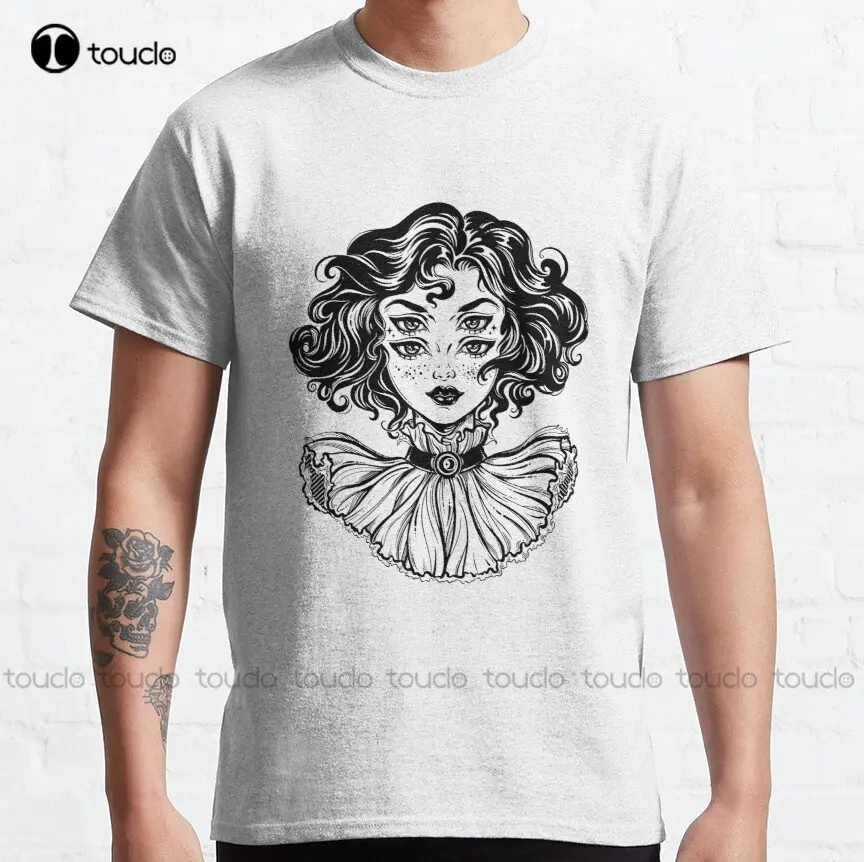 Gothic Witch Girl Head Portrait With Curly Hair And Four Eyes. Spooky Halloween Classic T-Shirt Funny Art Streetwear Cartoon Tee