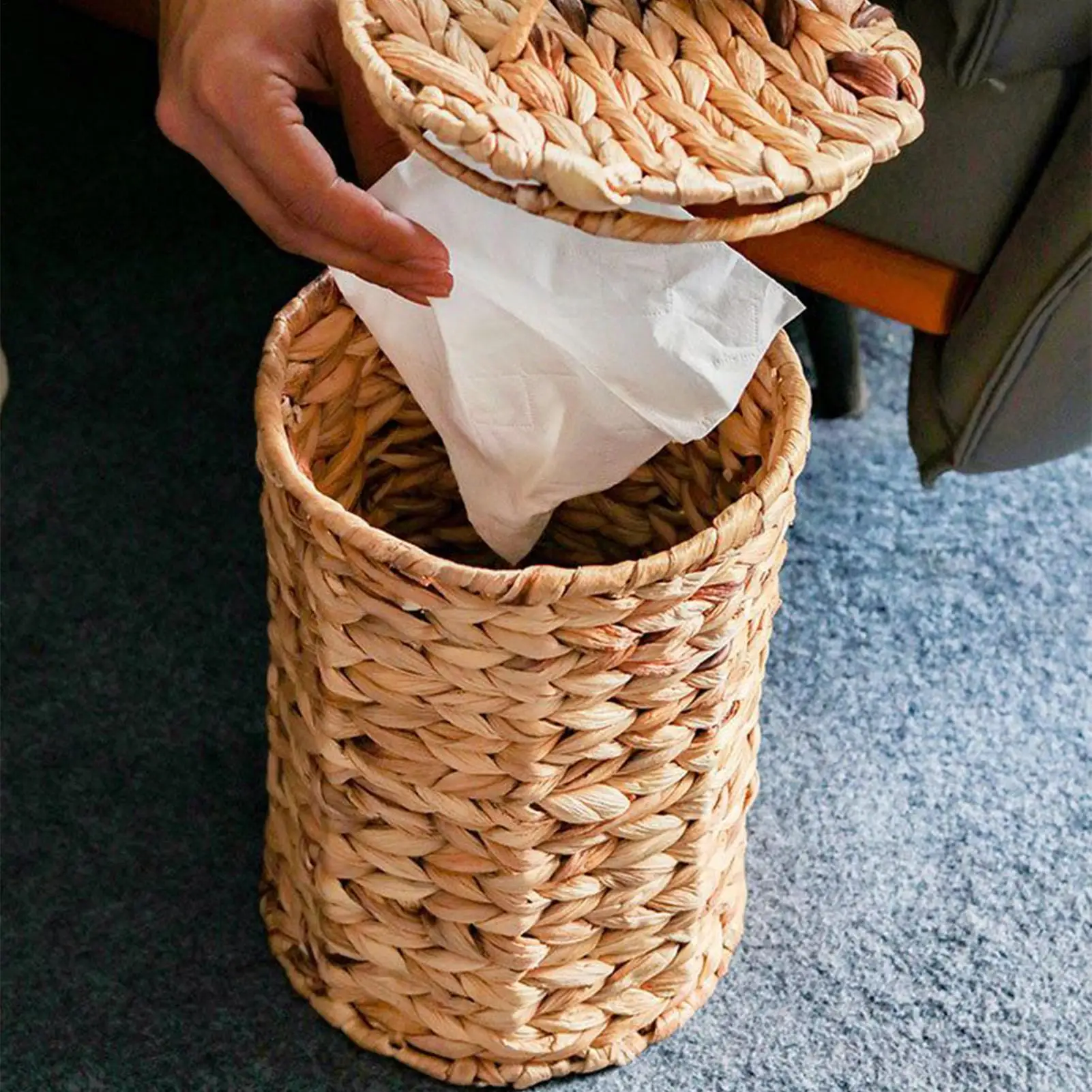Woven Trash Can Gourd Grass Rustic Home Decor Decorative Garbage Can with Lid for Kitchen Bedroom Bathroom Living Room Entryway