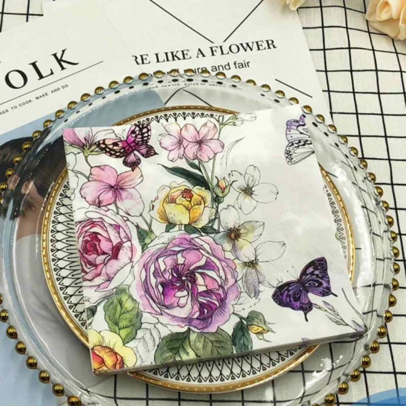 20pcs/Bag Factory Direct New Ins Flowers and Plants Party Hotel Square Colorful Printed Napkins Paper Placemat Mouth Cloth