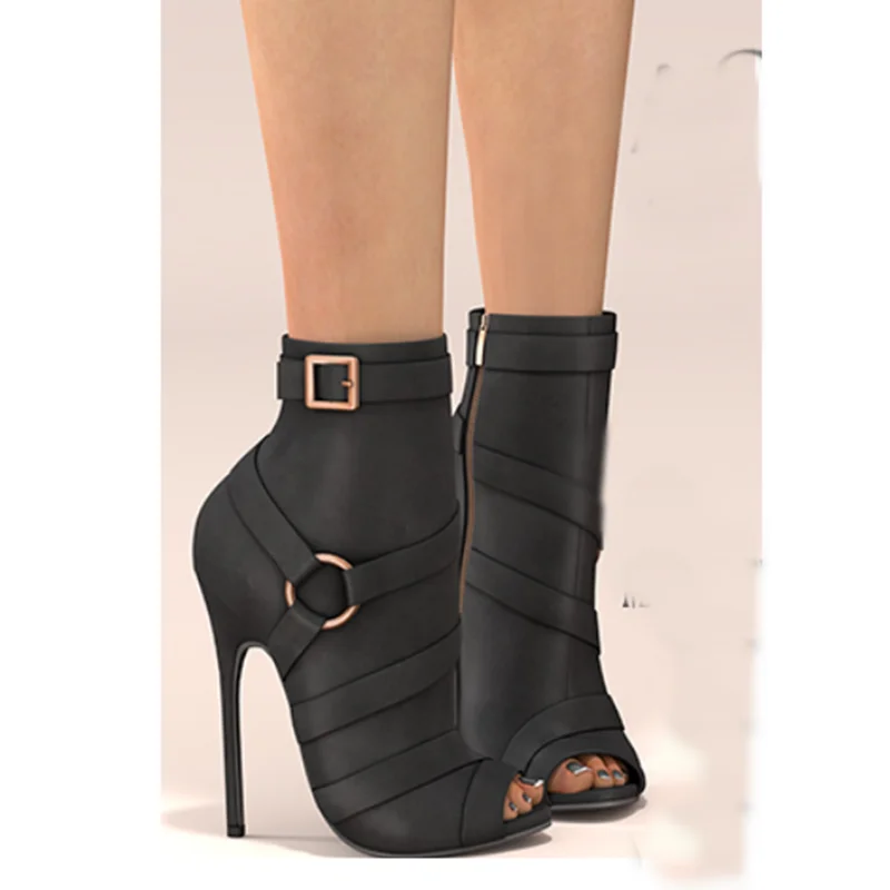 

Black Buckle Mid Calf Boots Thin High Heel Peep Toe Fashionable Sexy Cool 2025 Summer Big Size Woman Shoes Zapatillas Mujer