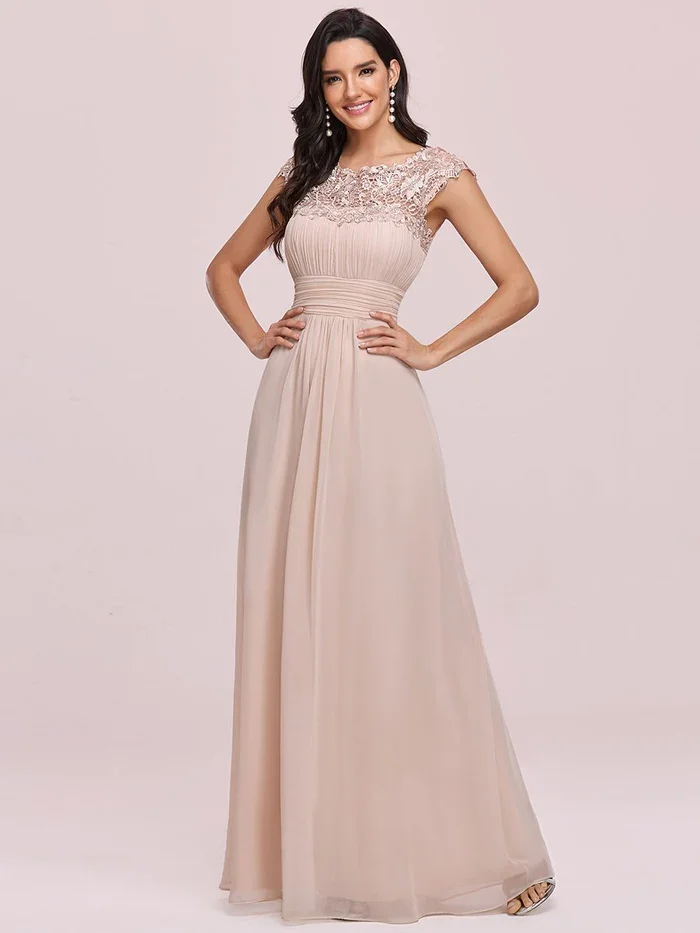 Sempre bonita-vestido de noite chiffon, vestido de noite elegante com pregas e mangas curtas rendas, até o chão, 2024