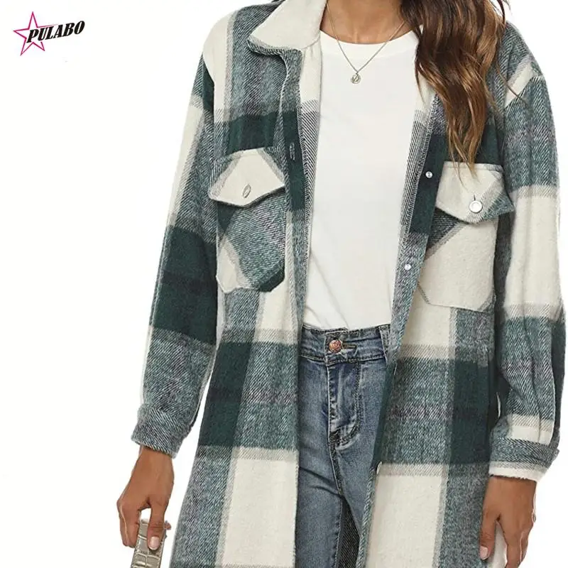 PULABO Women's Casual Plaid Wool Blend Shacket Button Shirt Long Jacket Coat