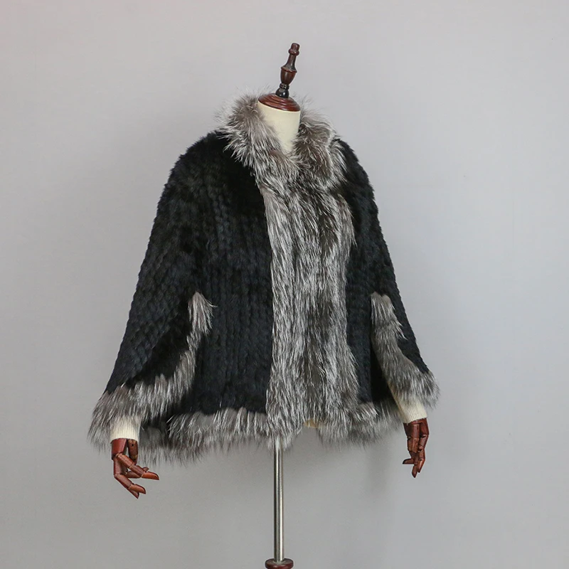 New Extra Long Real Genuine Natural Knitted Rabbit Fur Shawl Coat with Fox Fur Collar Women's Fashion Knit Jacket Cape