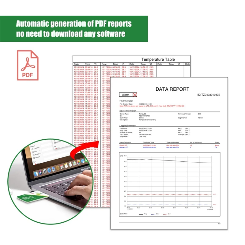 A003 60-дневный USB-регистратор данных о температуре-30 ℃ -+60 ℃   Отчет с приложением IP67 Одноразовый высокоточный рекордер с предупреждением