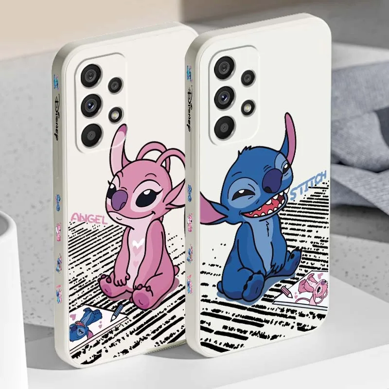

Disney Luxury Stitch Angel Phone Case For Samsung A71 A72 A73 A51 A52 A53 A54 A55 A21s A35 A34 A32 A03 5G Liquid Left Rope