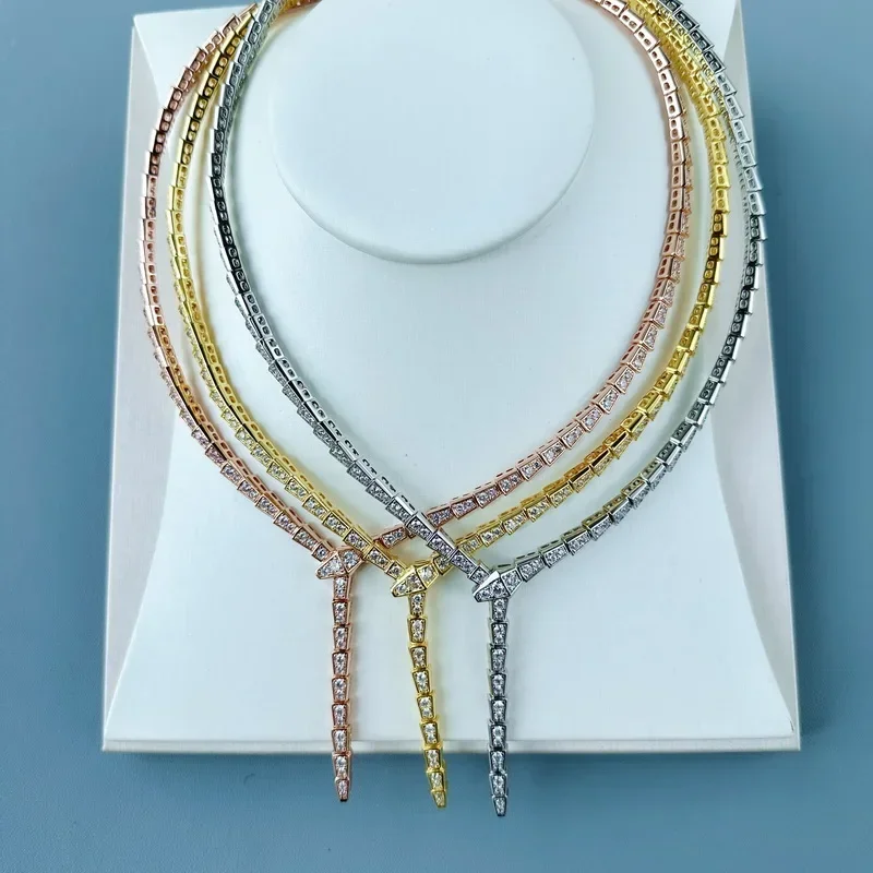 

Designer Style Party Necklace Women Lady Inlay Single Rows Cubic Zircon Snake Snakelike Plated Gold Color Narrow Chain