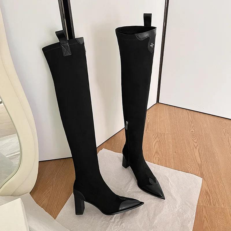 

Pointed Toe Square Toe Women Over-the-knee High Boots Splicing Side Zipper Chunky Super High Heel Solid Black Elegant Lady Shoes