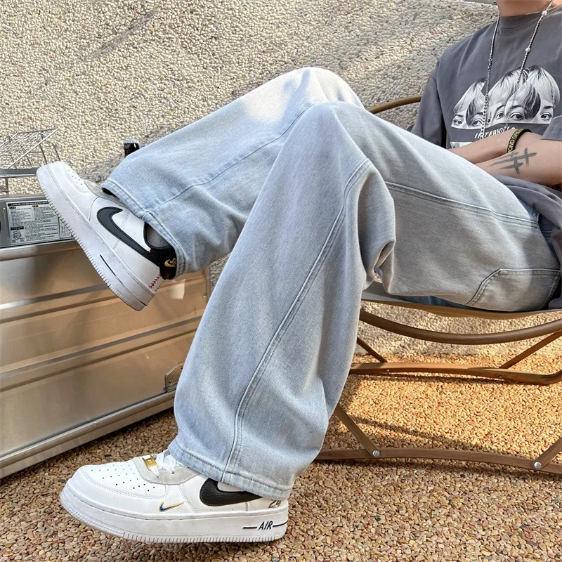 กางเกงยีนส์ทรงหลวมผู้ชาย สไตล์เรียบง่าย สีพื้น กางเกงยีนส์ขายาวผู้ชาย สไตล์เกาหลี แฟชั่นสตรีท สไตล์หลวมๆ ลำลอง กางเกงยีนส์ผู้ชาย