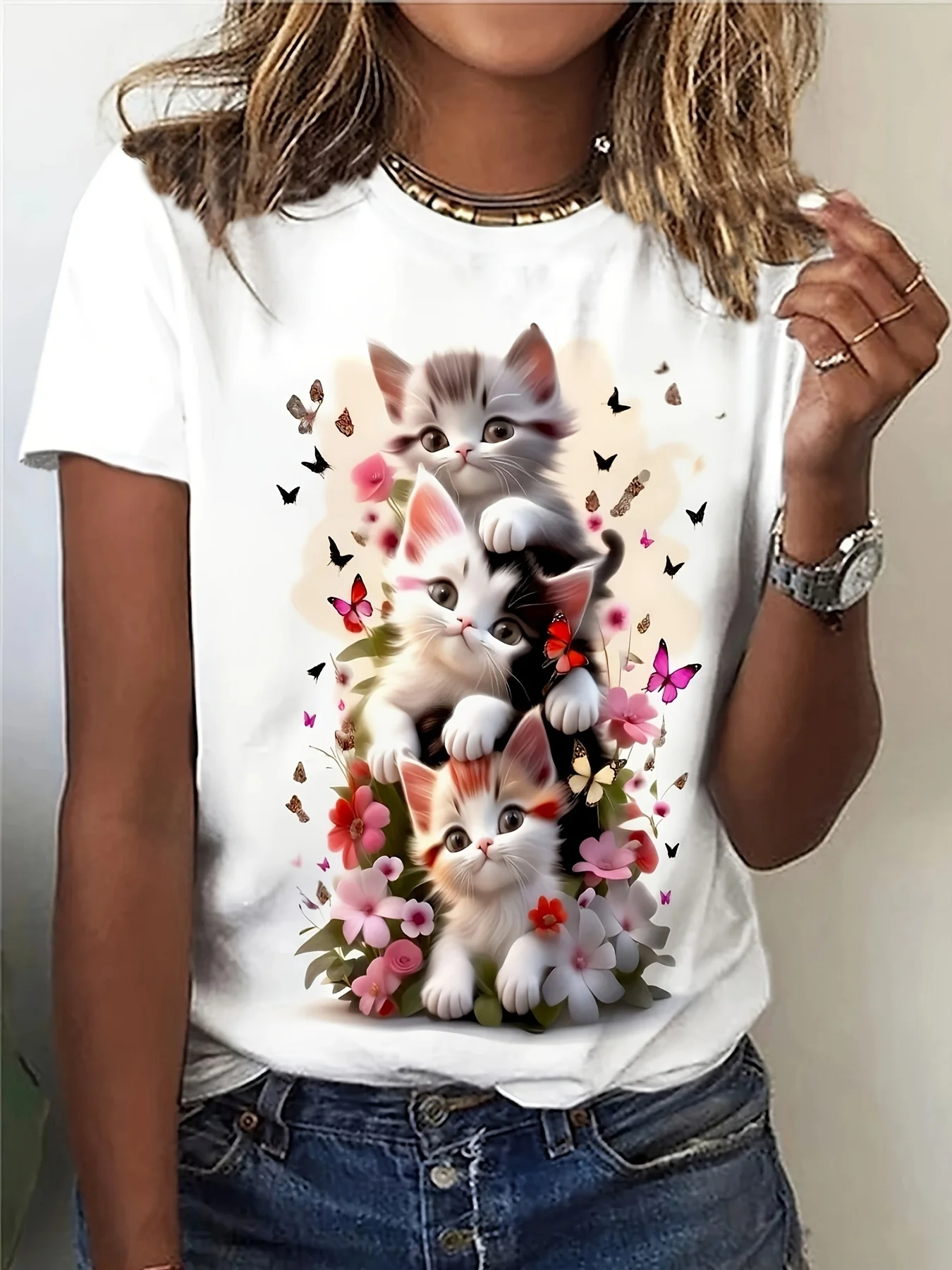 T-Shirt imprimé chat mignon pour femmes, grande taille, doux, manches courtes, col rond, avec chaton vibrant, imprimé Floral, haut décontracté