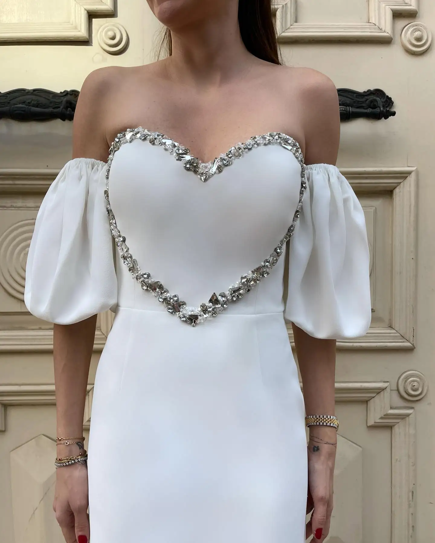 تخصيص جيرسي رائعة مستقيم قبالة الكتف كريستال مطرزة مساء اللباس مثير قصيرة الأكمام Fساتين Shret