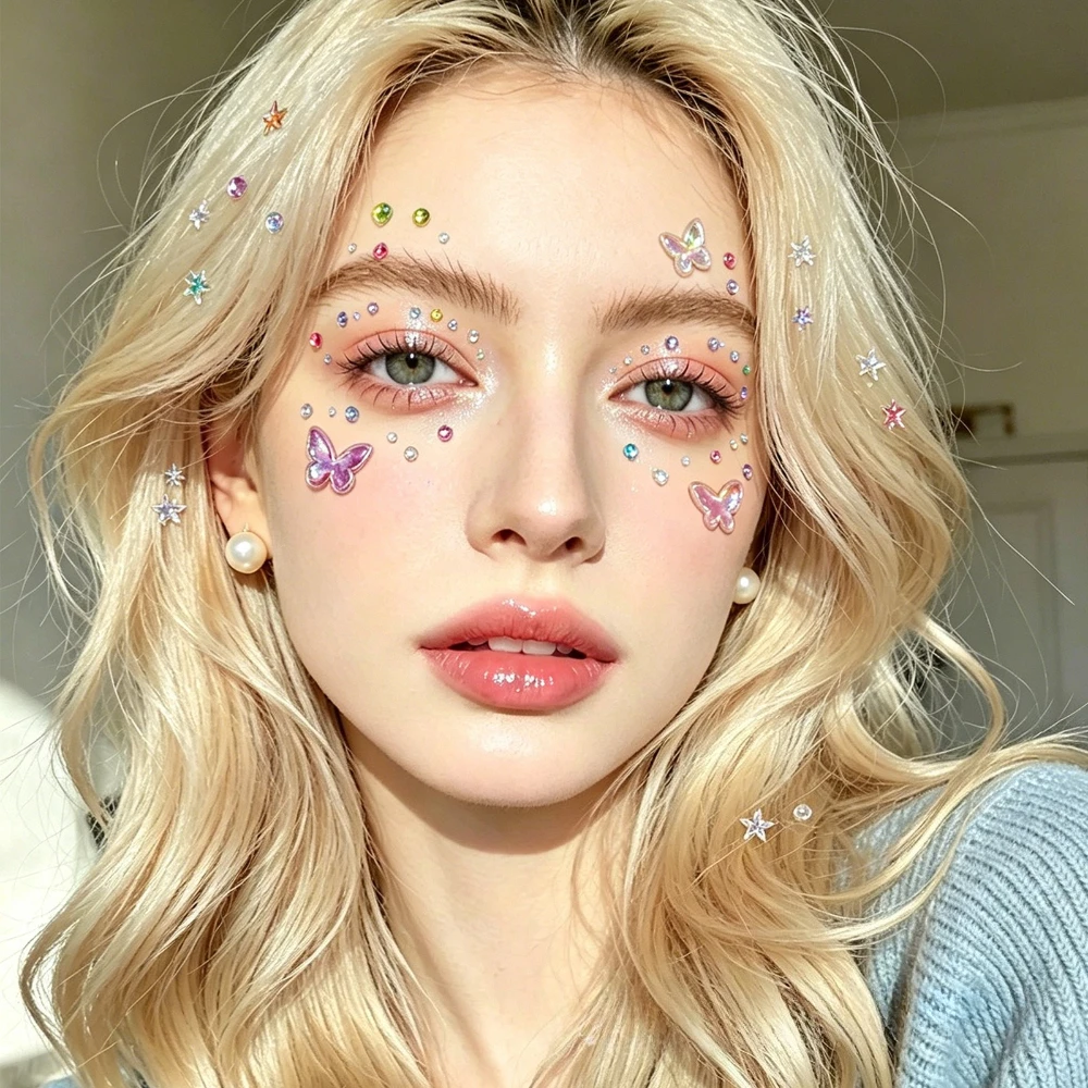3D facial makeup flash diamond makeup stickers 3D colorful Aurora Butterfly Love Gemstone Crystal Diamond Stickers Holiday Party