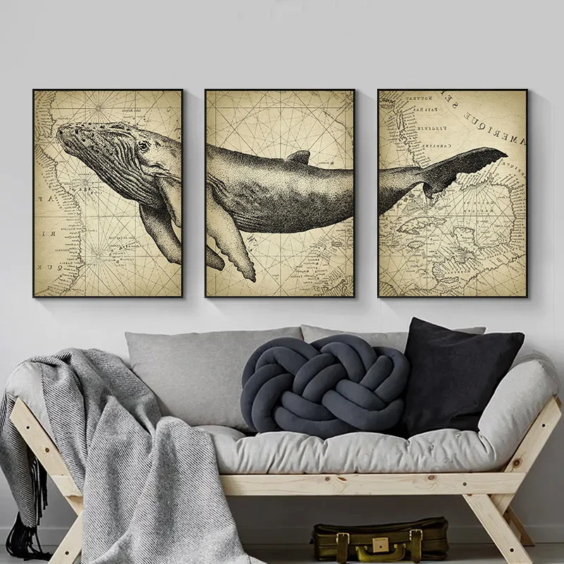 Vintage Marine Animals 3 Pieces Blue Whale Head Body Tail World Map Poster Canvas Painting Wall Art Pictures Home Room Decor