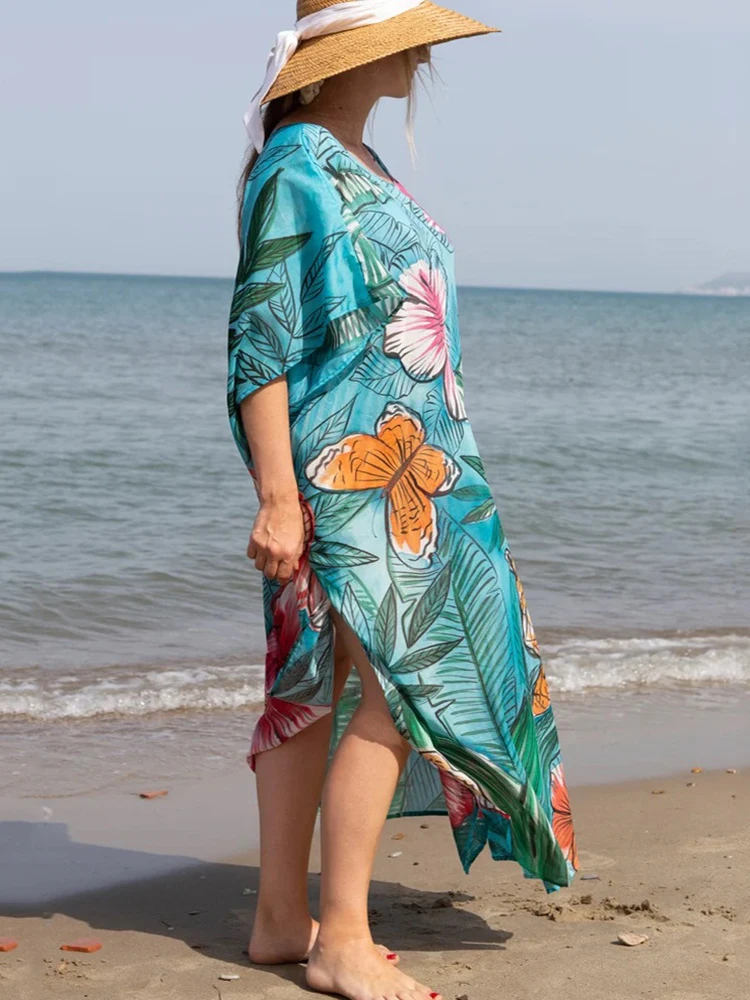 Floral Print Boho Dress Beach Cover Up Over Size Women Summer Maxi Dress Robe De Plage 2023 Bikini Cover Up Beachwear Tunics