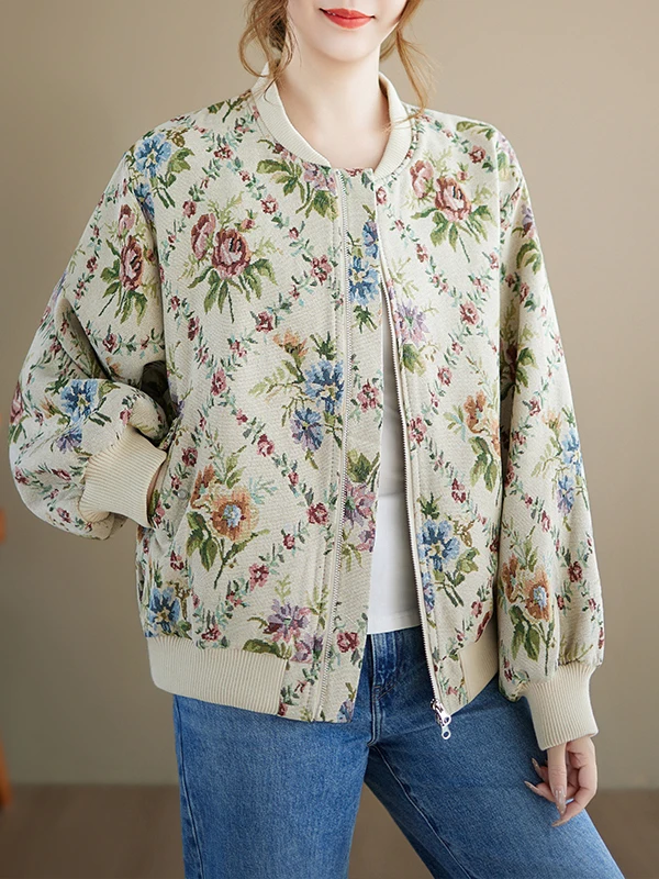 

Retro Sle Women's Baseball Jaet Autumn Winter Outerwear Floral Painting Embroidery High Quali Polyester Fiber Zipper Cl...