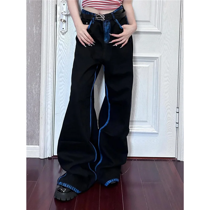 กางเกงยีนส์เอวสูงทรงขากว้างสำหรับผู้หญิง สไตล์ลำลอง ใส่สบาย ทรงตรง ยาวคลุมเท้า ดีไซน์แบบอเมริกัน สไตล์ไฮสตรีท สำหรับฤดูใบไม้ผลิและฤดูใบไม้ร่วง