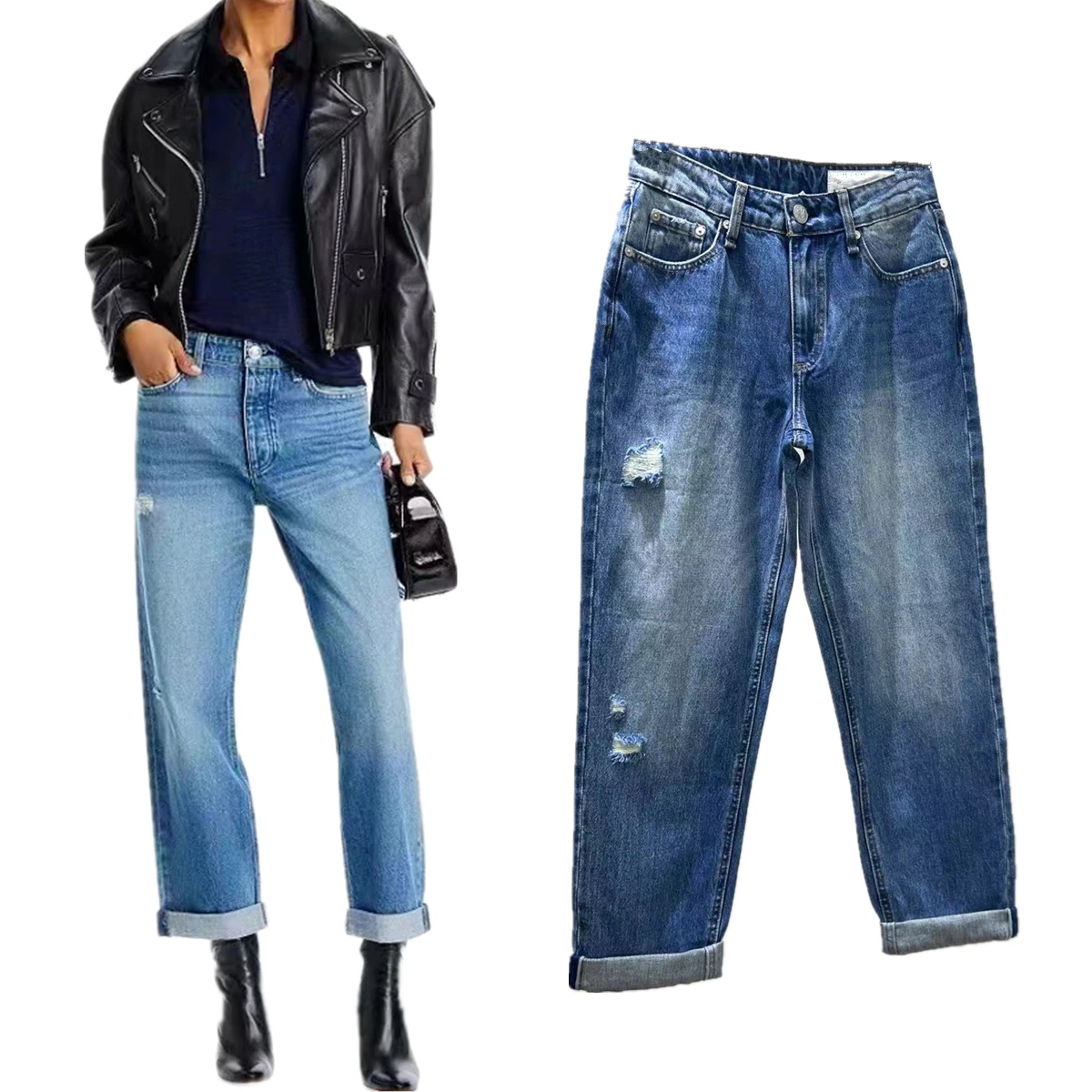 

Maxdutti Handsome Boyfriend Denim Pants Women High Waist Ripped Hole Straight Leg Jeans Female Mom Jeans Women
