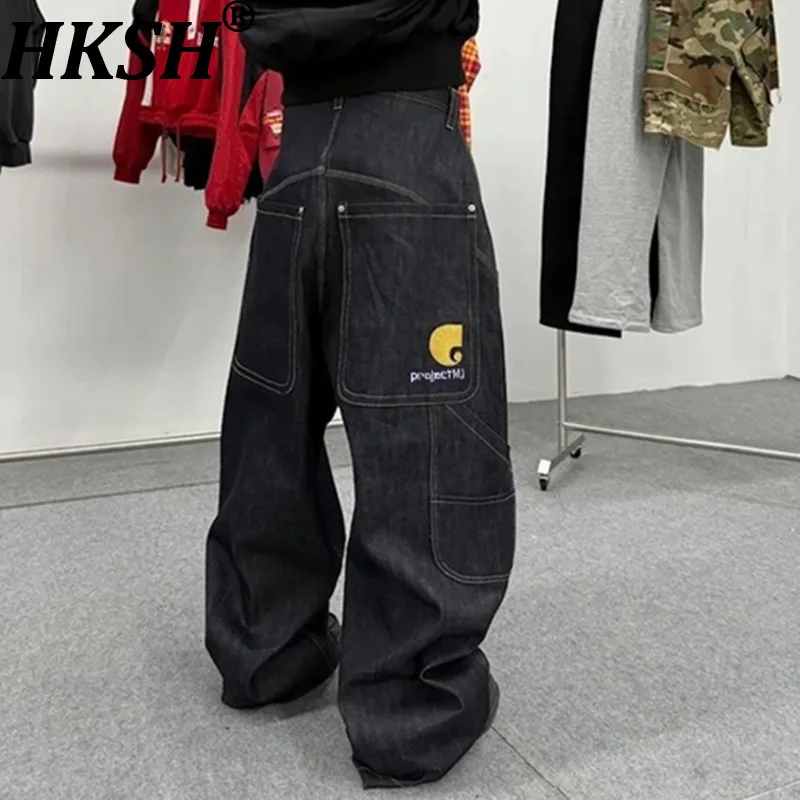 

HKSH Spring Autumn New Man's Tide Chic American Vintage Wide Leg Denim Pants Oversized Cargo Pocket Embroidered Raw Jeans HK9344
