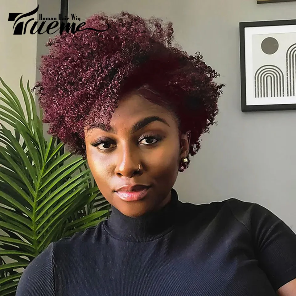 Trueme Short Kinky Curly Human Hair Wigs Brazilian Afro Kinky Curly Wig For Black Women Red Brown Curly Pixie Cut Wig With Bangs